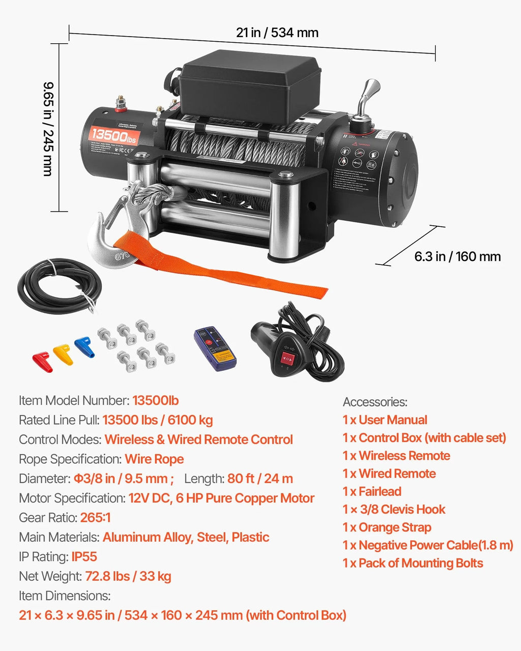 12V električni vitel 6T (6100 kg) - jeklena vrv