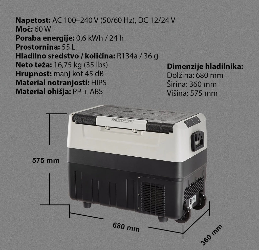 Dvoconski kompresorski hladilnik CoolBox 55L- 12V/24V/220V – za avto, kamp in dom