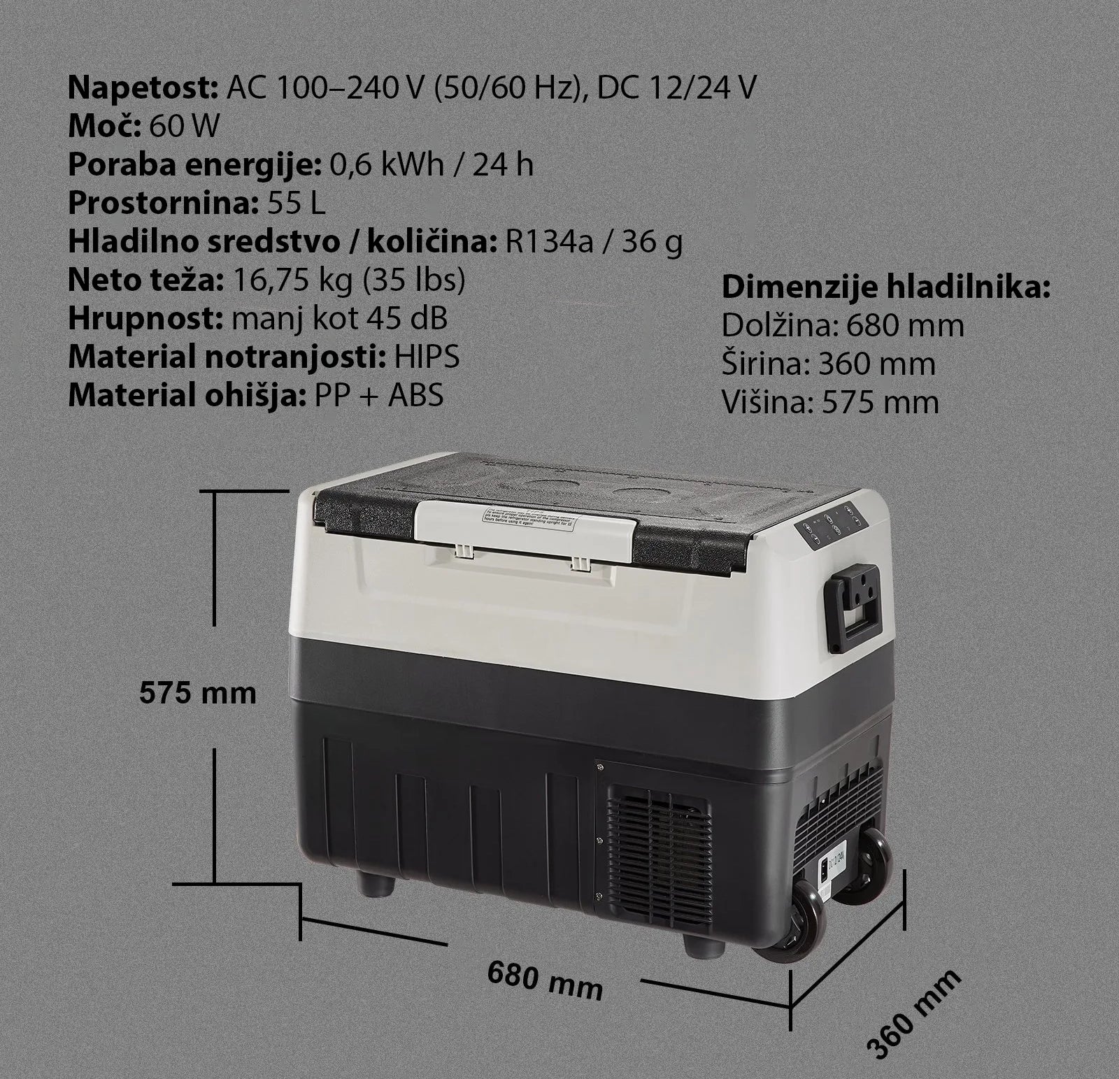 Dvoconski kompresorski hladilnik CoolBox 55L- 12V/24V/220V – za avto, kamp in dom
