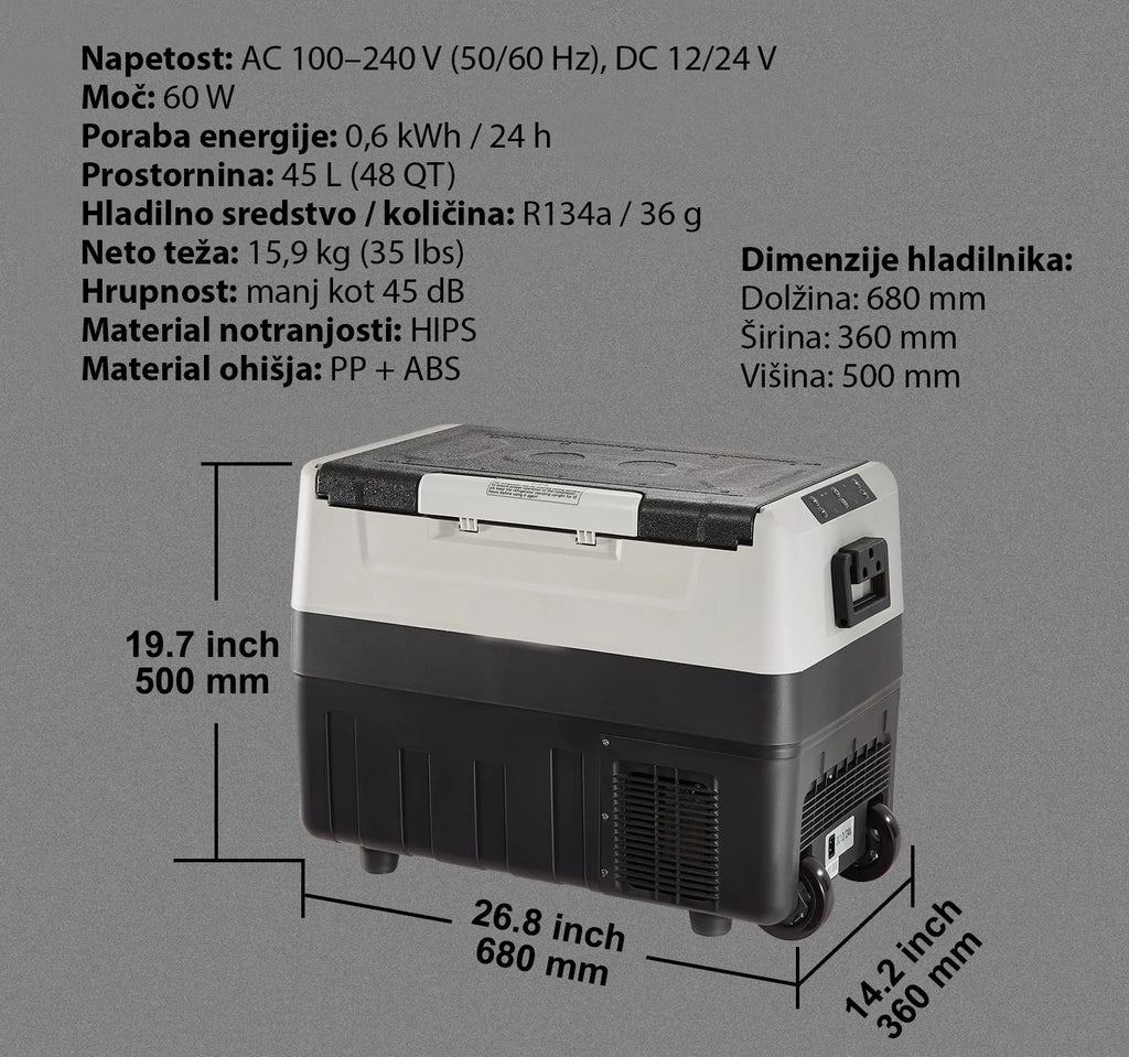 12V kompresorski hladilnik CoolBox 45L dvoconski – 12V/24V/220V