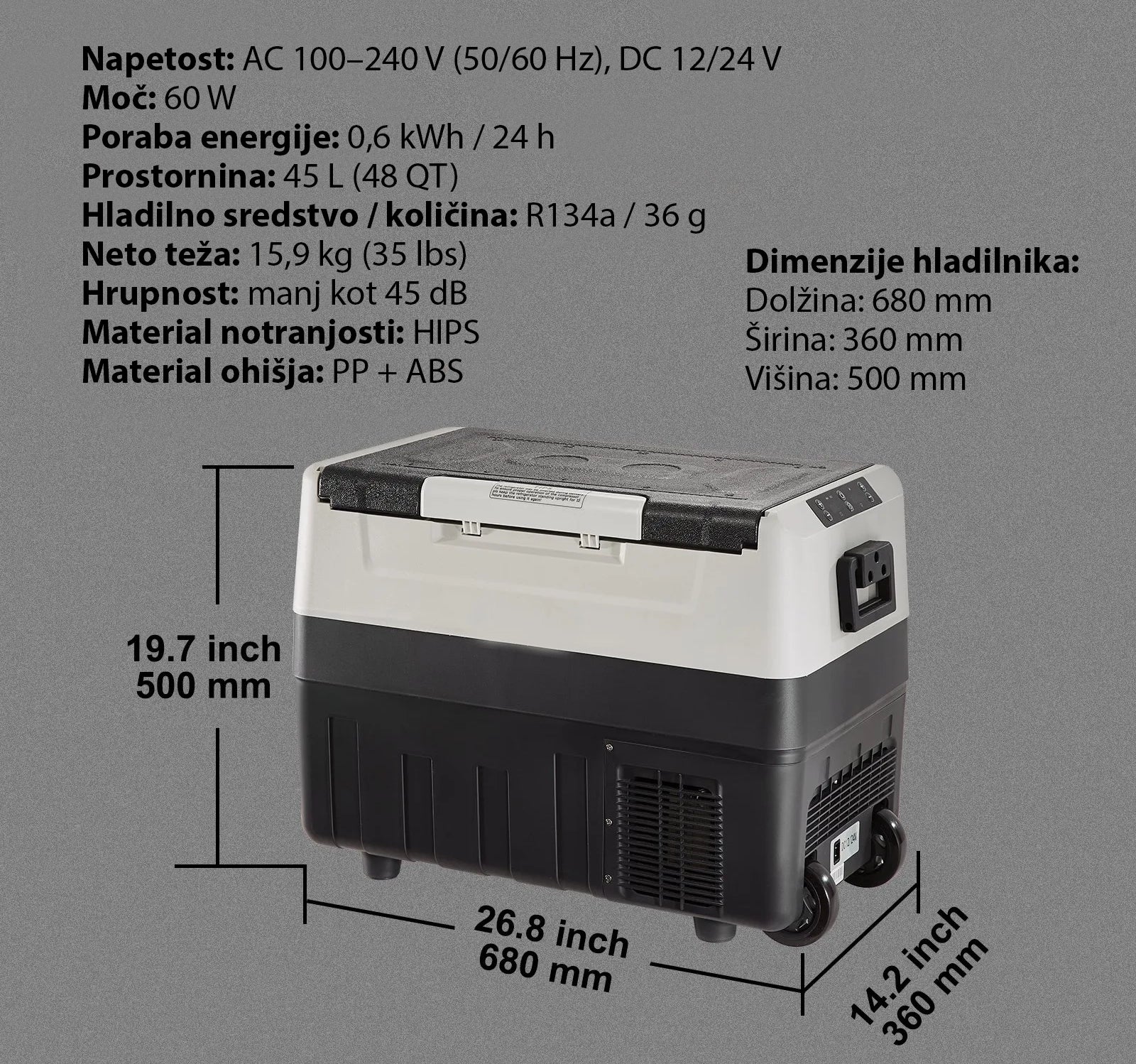 12V kompresorski hladilnik CoolBox 45L dvoconski – 12V/24V/220V