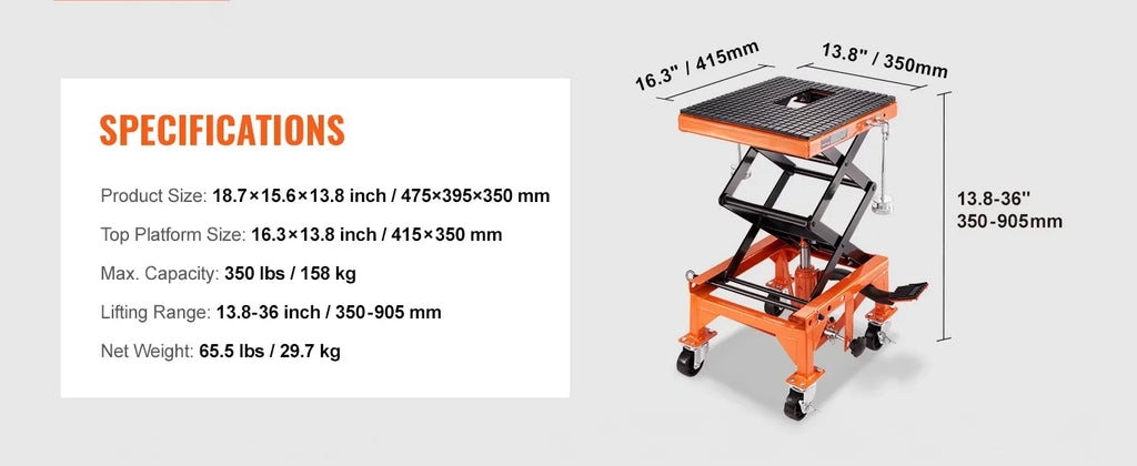 Tehnična grafika z nosilnostjo, merami, območjem dviga in maso 29,7 kg