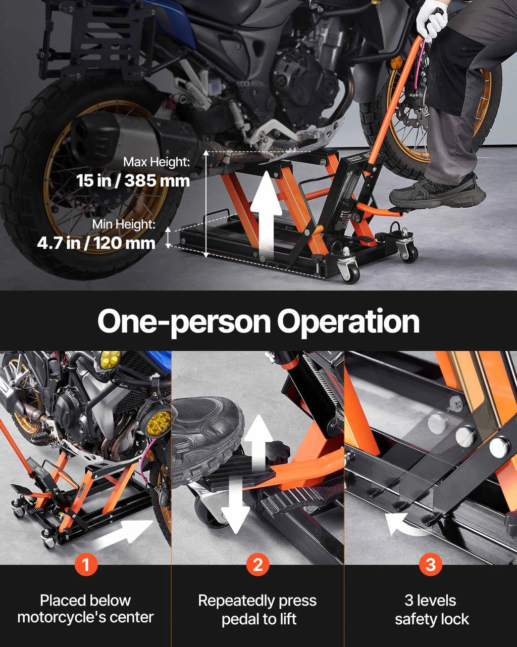 Dvig motornega kolesa od 120 do 385 mm in prikaz nožnega upravljanja