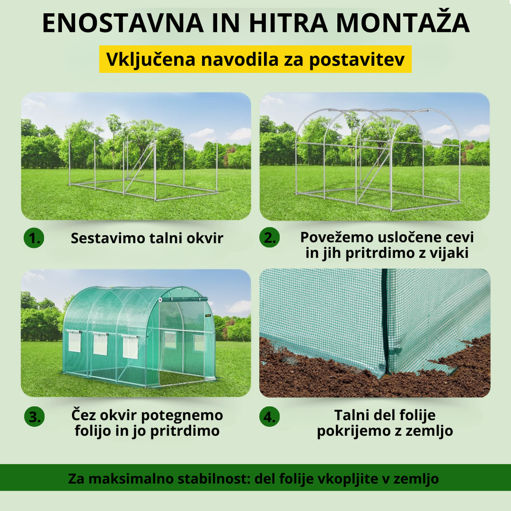 Vrtni rastlinjak 3.6 x 2 x 2m – kovinski rastlinjak s folijo
