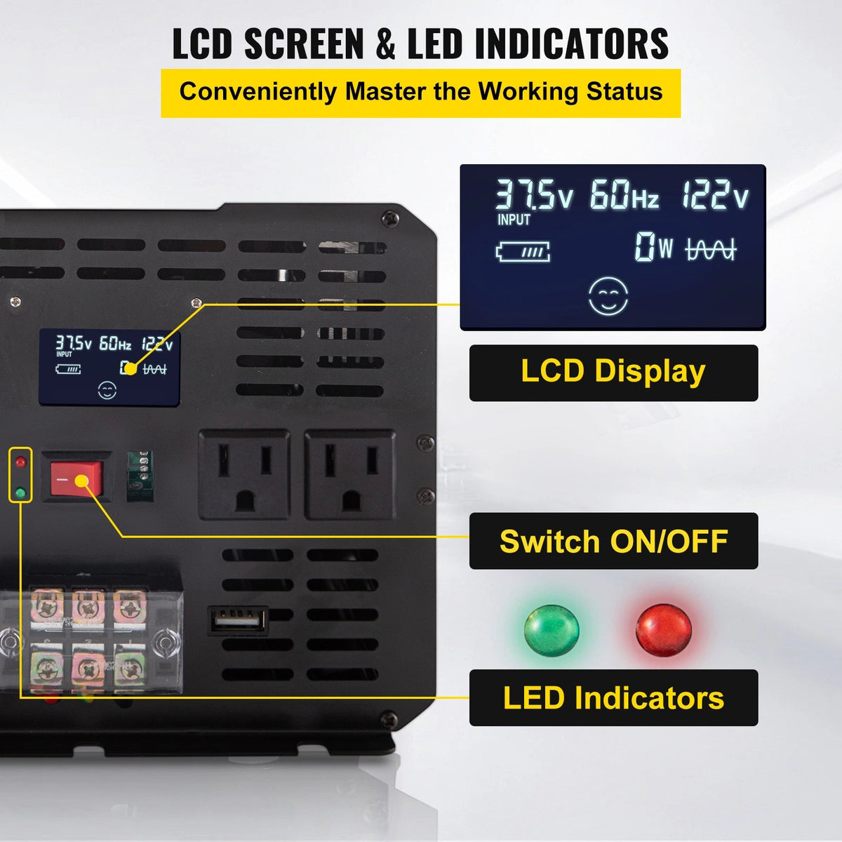 Prikaz LCD-zaslona, signalnih lučk in izhodnih priključkov – 5000 W