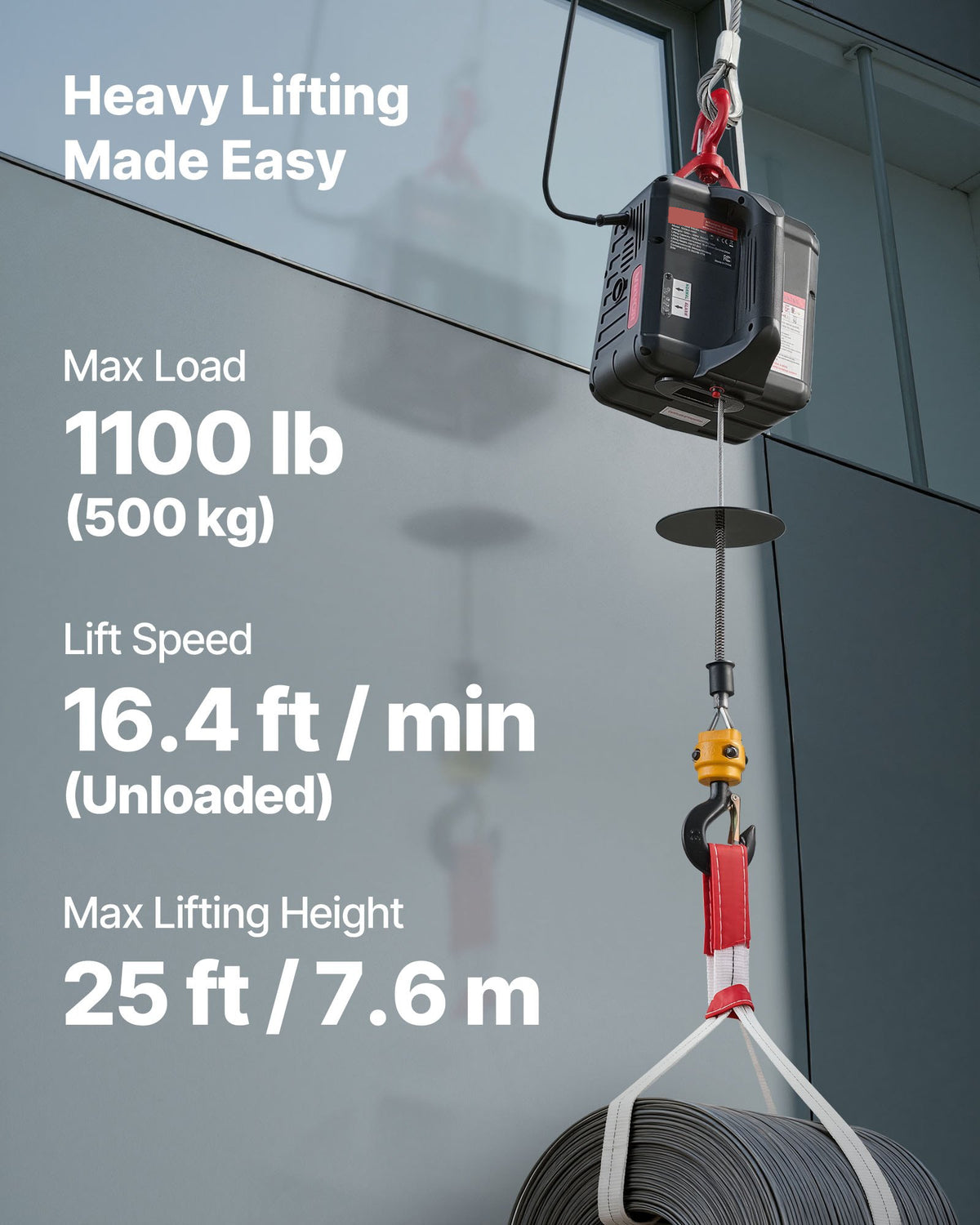 Prenosni električni dvižni vitel 500 kg, 1500 W z brezžičnim upravljanjem – infografika nosilnosti in višine dvigovanja