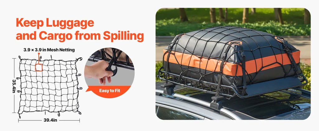 Tovorna mreža s kavlji, prikaz pripenjanja ter mreža čez torbo na vozilu
