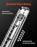 Teleskopska vodila za predale 1117 mm: podrobnost krogličnega vodenja in jeklenih kroglic.