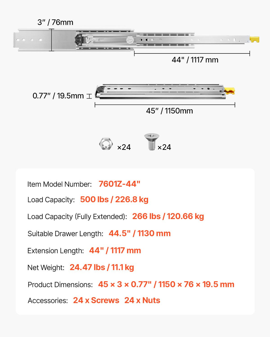 Teleskopska vodila za predale 1117 mm: tehnična risba z merami, nosilnostjo in podatki modela.