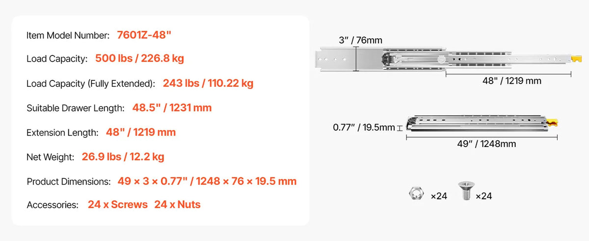 Teleskopska vodila za predale 1219 mm: tehnična risba z merami, nosilnostjo in podatki modela v prikazni grafiki.