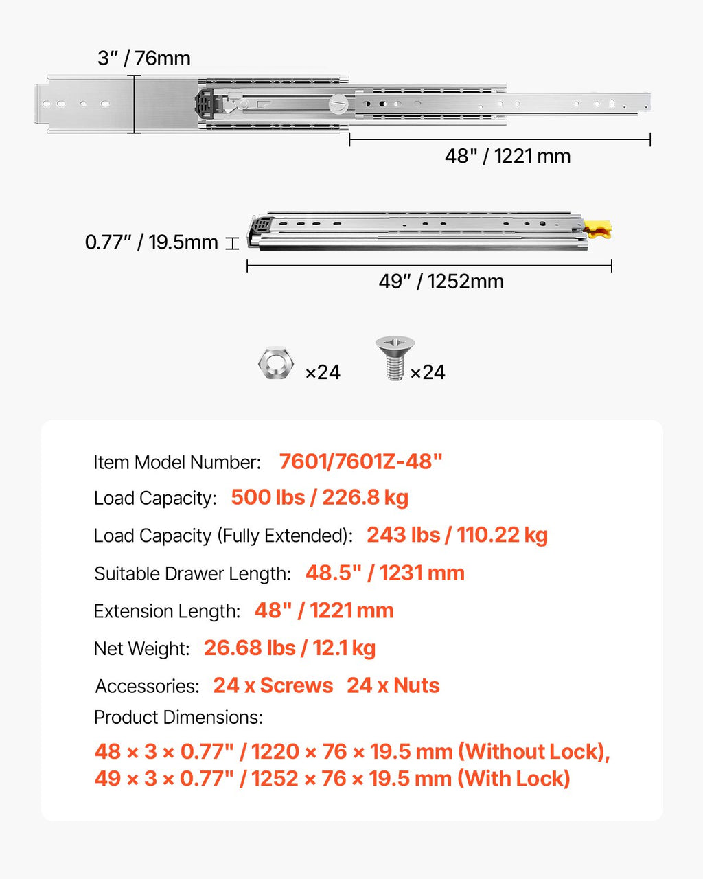 Teleskopska vodila za predale 1221 mm: tehnična risba z merami, nosilnostjo in podatki modela.