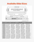 Teleskopska vodila za predale 1422 mm: primerjalna risba mer in pregled različnih dolžin vodil.