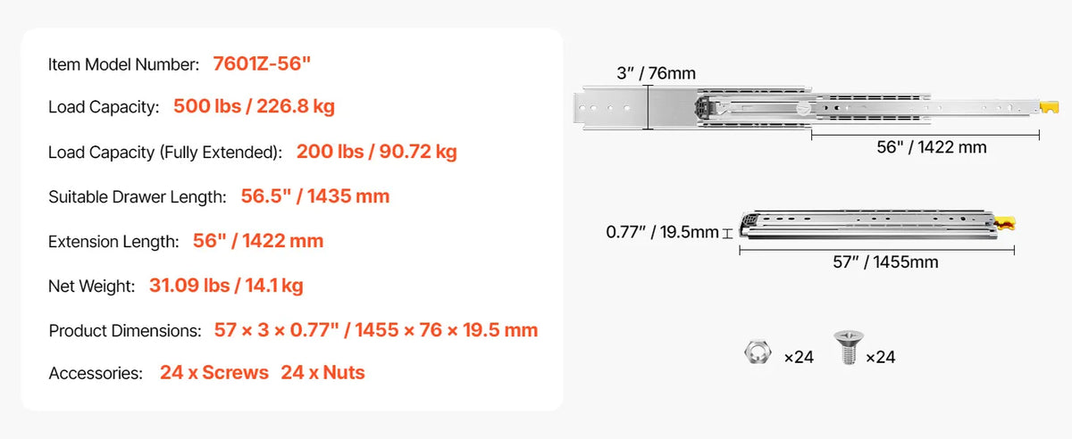 Teleskopska vodila za predale 1422 mm: tehnična risba z merami, nosilnostjo in podatki modela v prikazni grafiki.