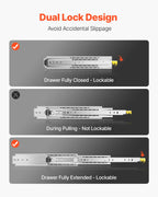 Teleskopska vodila za predale 1422 mm: prikaz zaklepnega mehanizma in položajev izvlečnega predala.