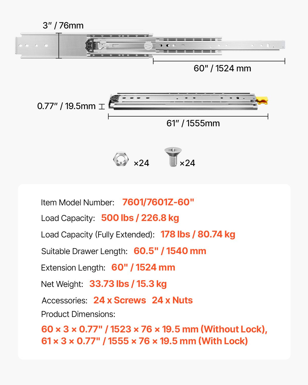 Teleskopska vodila za predale 1524 mm: tehnična risba z merami, nosilnostjo in podatki modela.