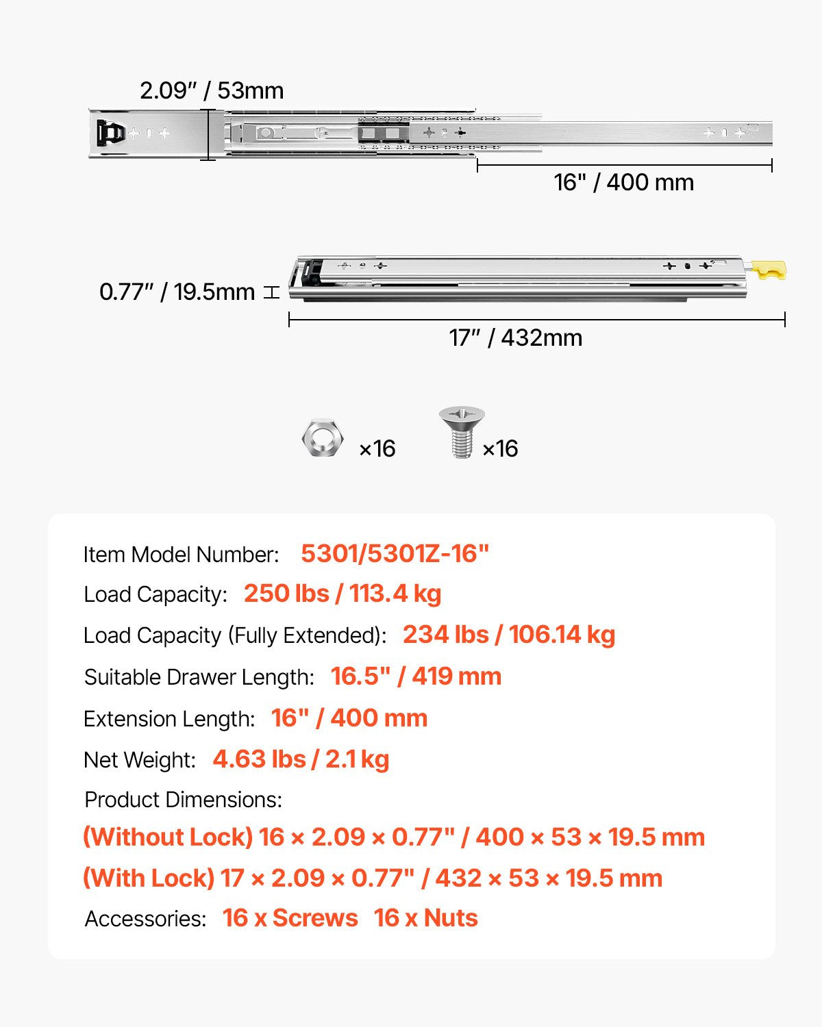 Teleskopska vodila za predale 400 mm: tehnična risba z merami, nosilnostjo in podatki modela.