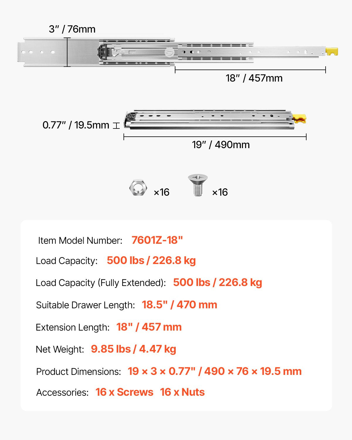 Teleskopska vodila za predale 457 mm: tehnična risba z merami, nosilnostjo in podatki modela.