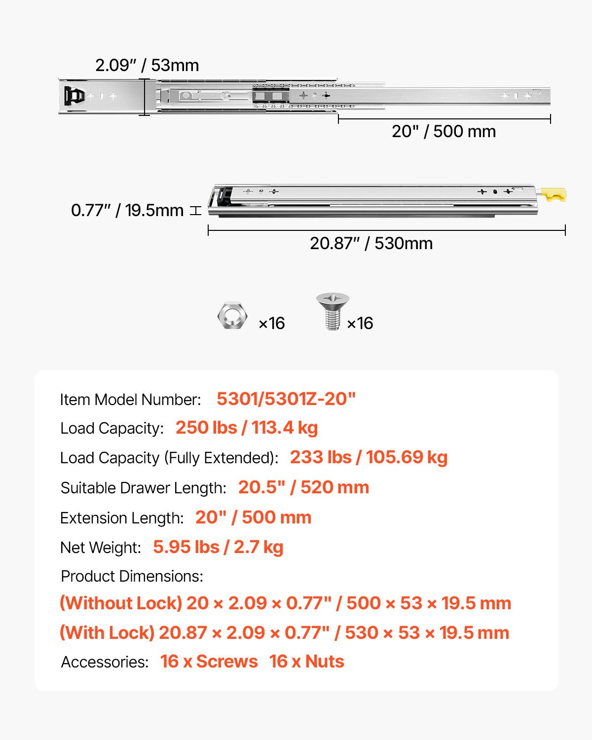 Teleskopska vodila za predale 508 mm: tehnična risba z merami, nosilnostjo in podatki modela.