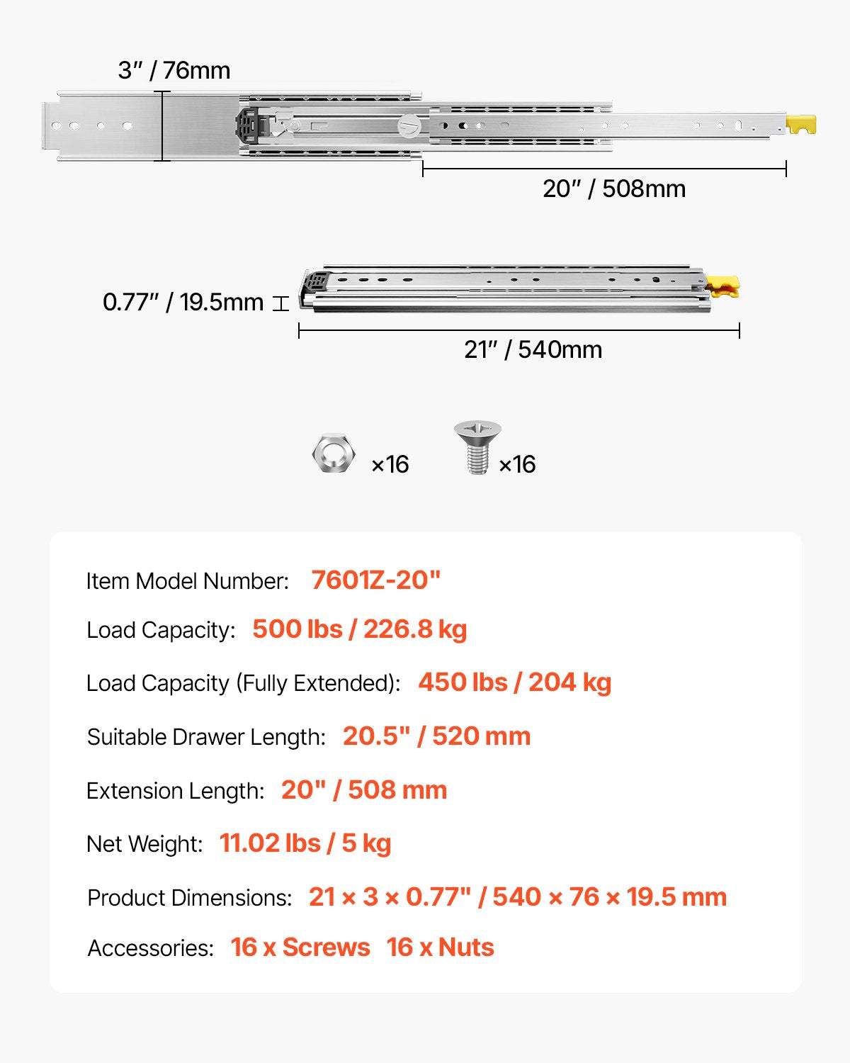 Teleskopska vodila za predale 508 mm: tehnična risba z merami, nosilnostjo in podatki modela.