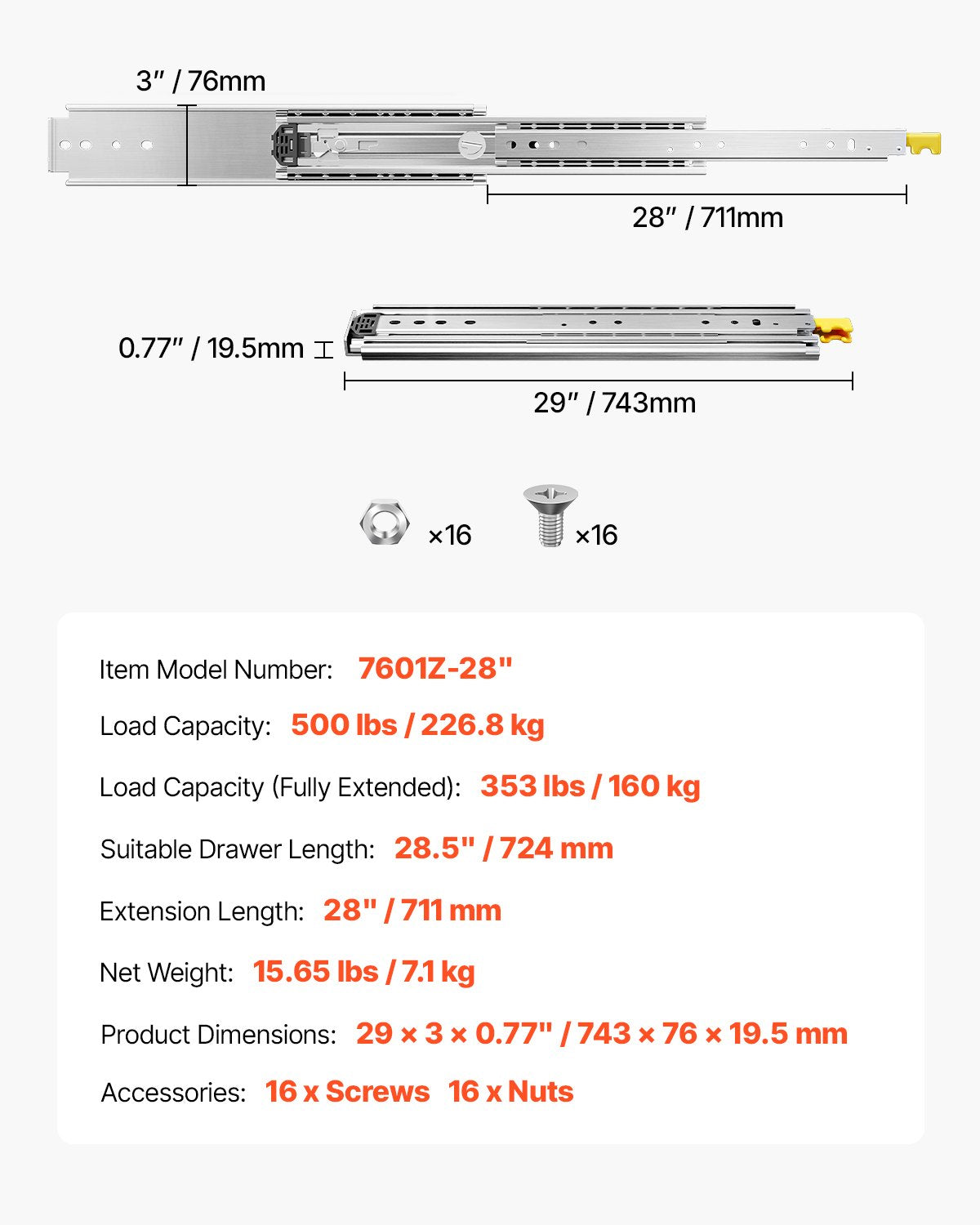 Teleskopska vodila za predale 711 mm: tehnična risba z merami, nosilnostjo in podatki modela.