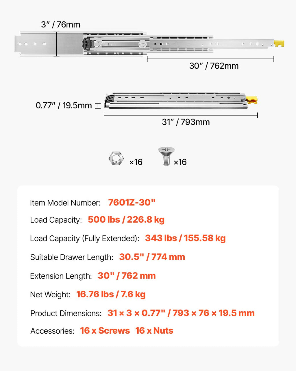 Teleskopska vodila za predale 762 mm: tehnična risba z merami, nosilnostjo in podatki modela.