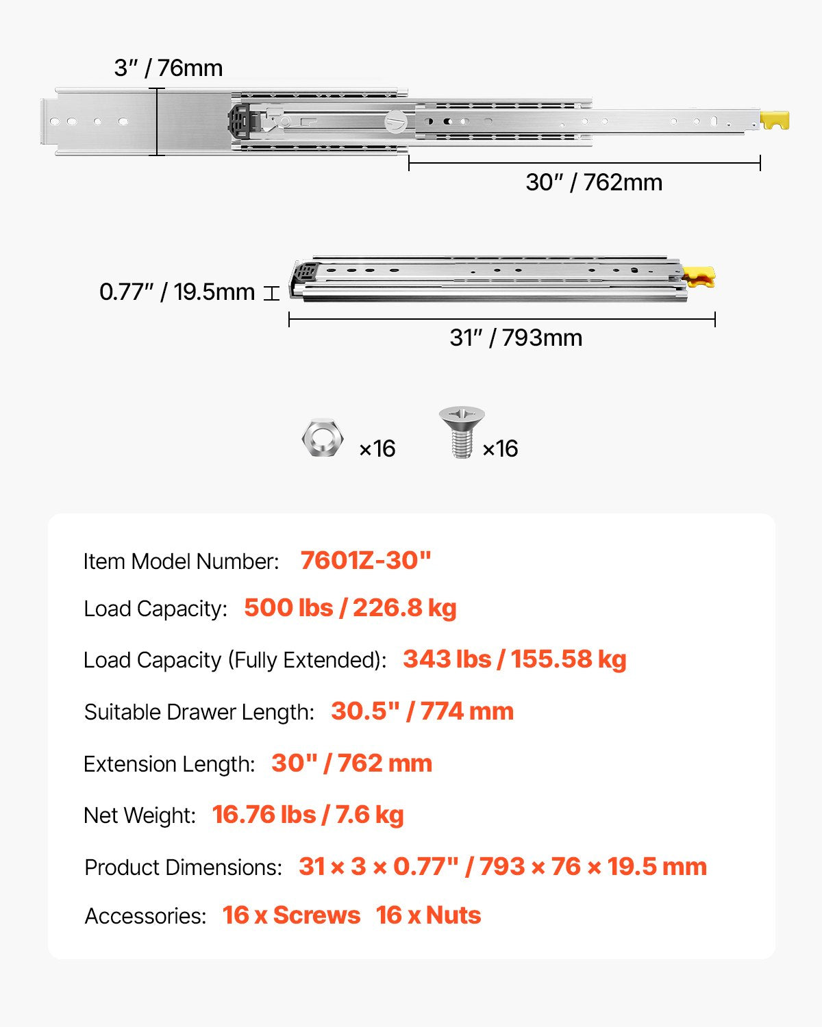 Teleskopska vodila za predale 762 mm: tehnična risba z merami, nosilnostjo in podatki modela.