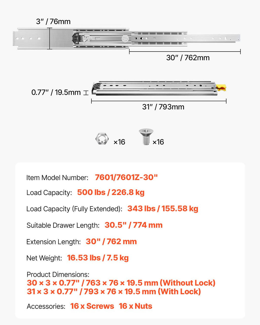Teleskopska vodila za predale 762 mm: tehnična risba z merami, nosilnostjo in podatki modela.