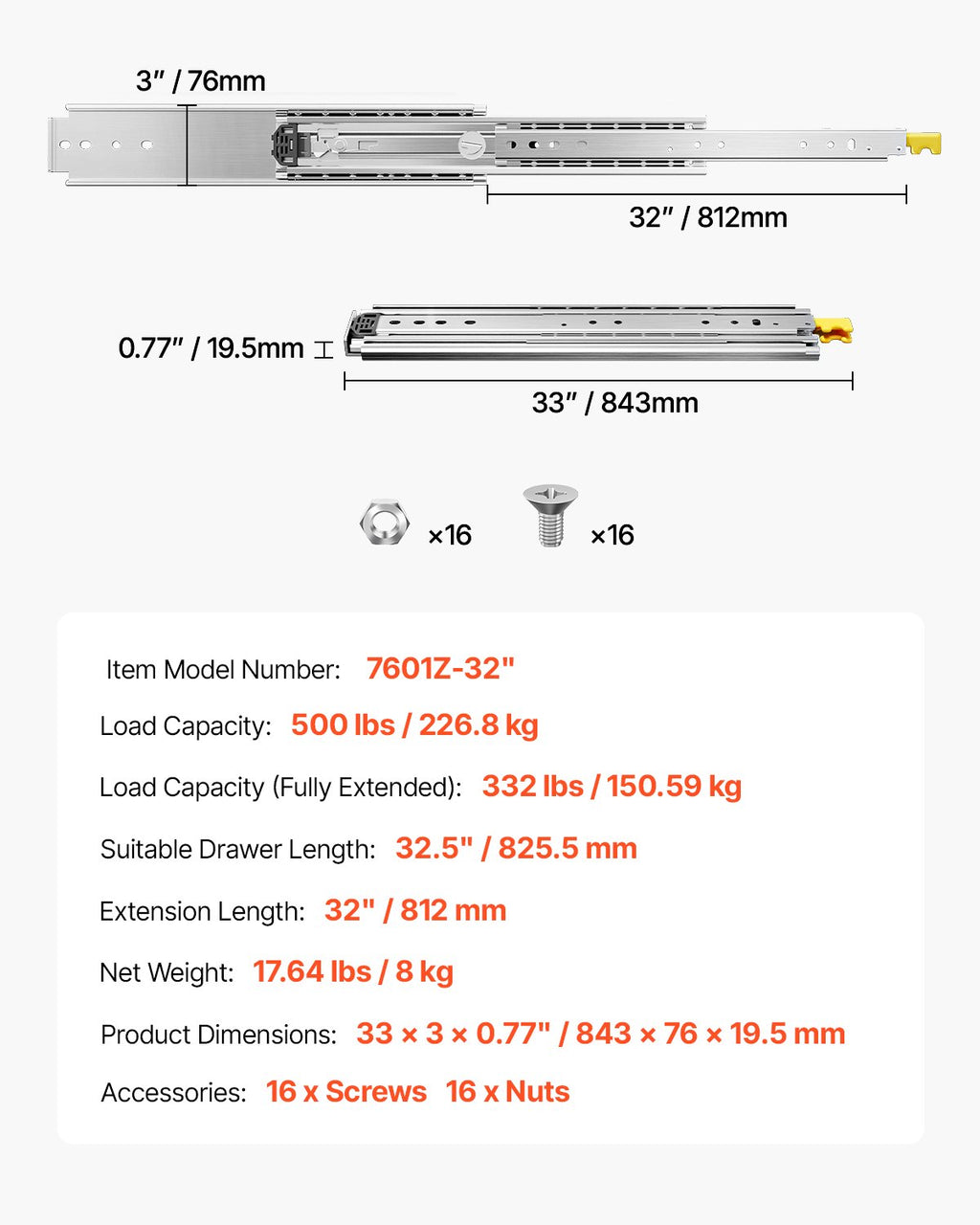 Teleskopska vodila za predale 812 mm: tehnična risba z merami, nosilnostjo in podatki modela.