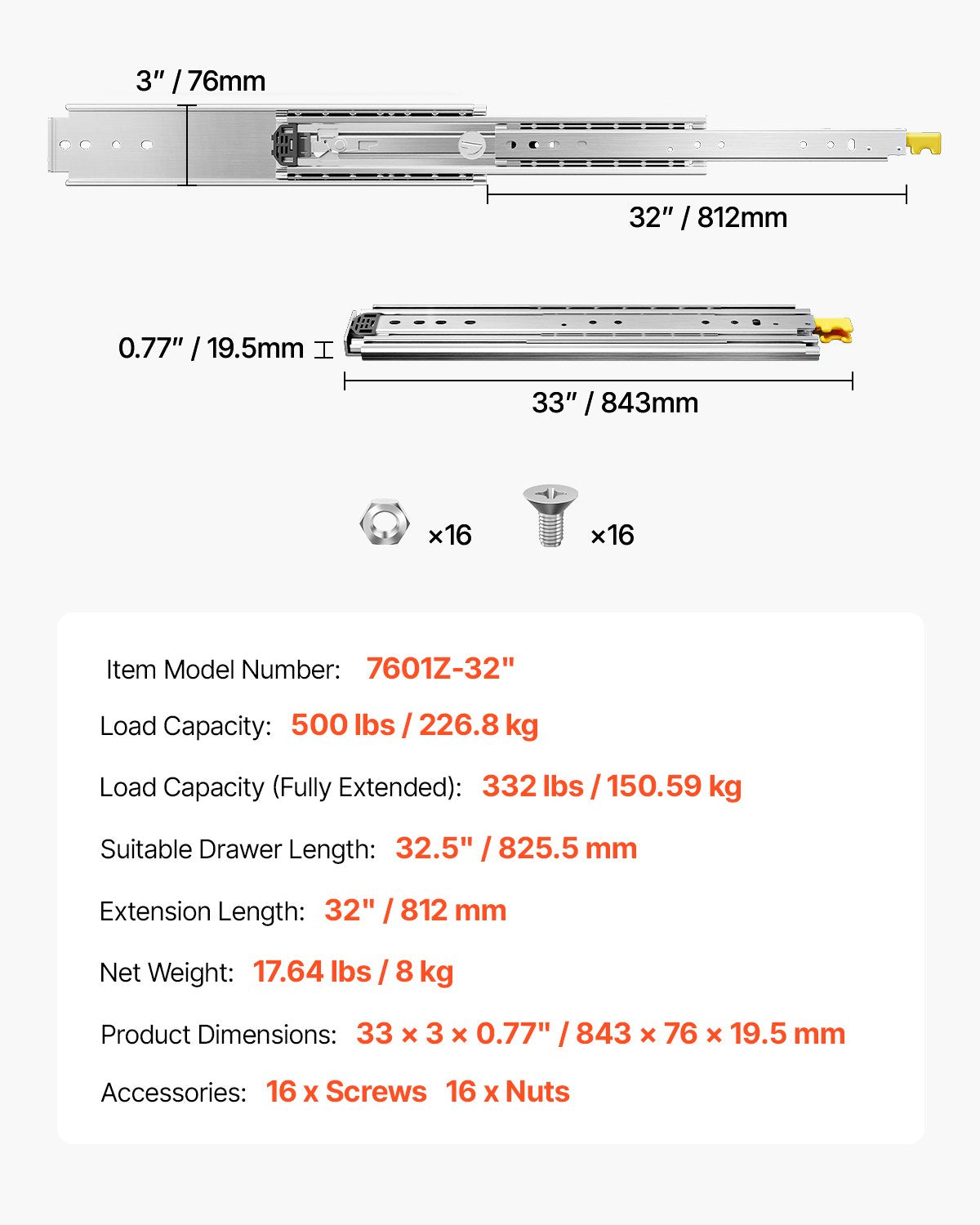 Teleskopska vodila za predale 812 mm: tehnična risba z merami, nosilnostjo in podatki modela.