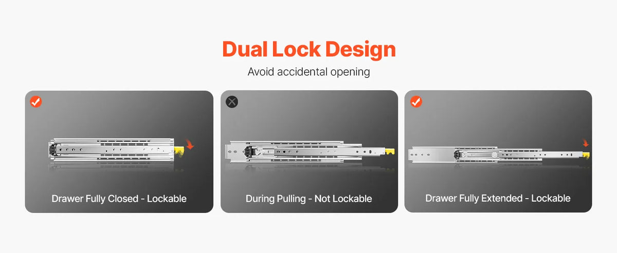 Teleskopska vodila za predale 812 mm: prikaz zaklepnega mehanizma in položajev izvlečnega predala v prikazni grafiki.