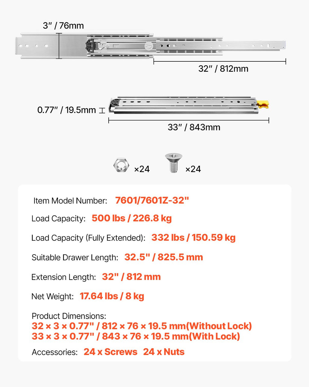 Teleskopska vodila za predale 812 mm: tehnična risba z merami, nosilnostjo in podatki modela.