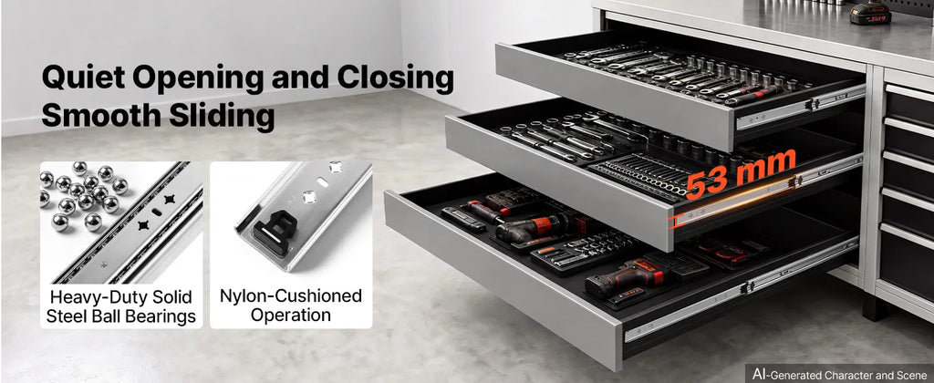 Teleskopska vodila za predale 850 mm: podrobnost vodil z blažilnim elementom in drsnim mehanizmom v prikazni grafiki.