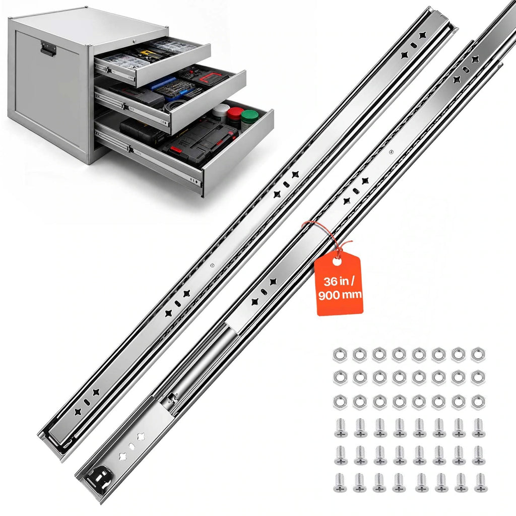 Teleskopska vodila za predale 900 mm: glavna fotografija kompleta vodil s pritrdilnimi deli.