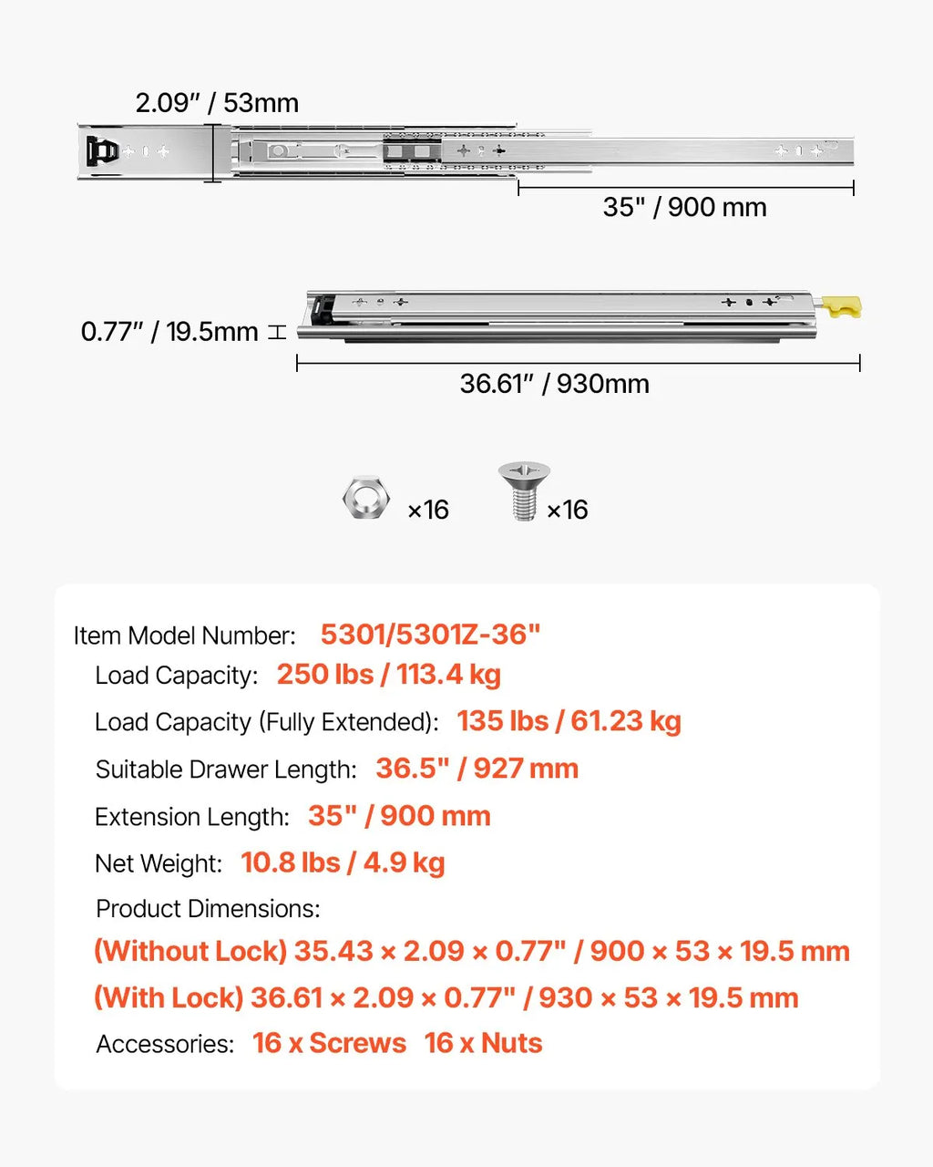 Teleskopska vodila za predale 900 mm: tehnična risba z merami, nosilnostjo in podatki modela.