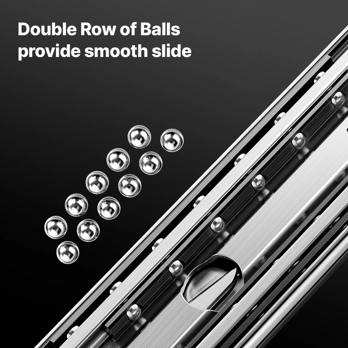 Teleskopska vodila za predale 914 mm: podrobnost krogličnega vodenja in jeklenih kroglic v prikazni grafiki.