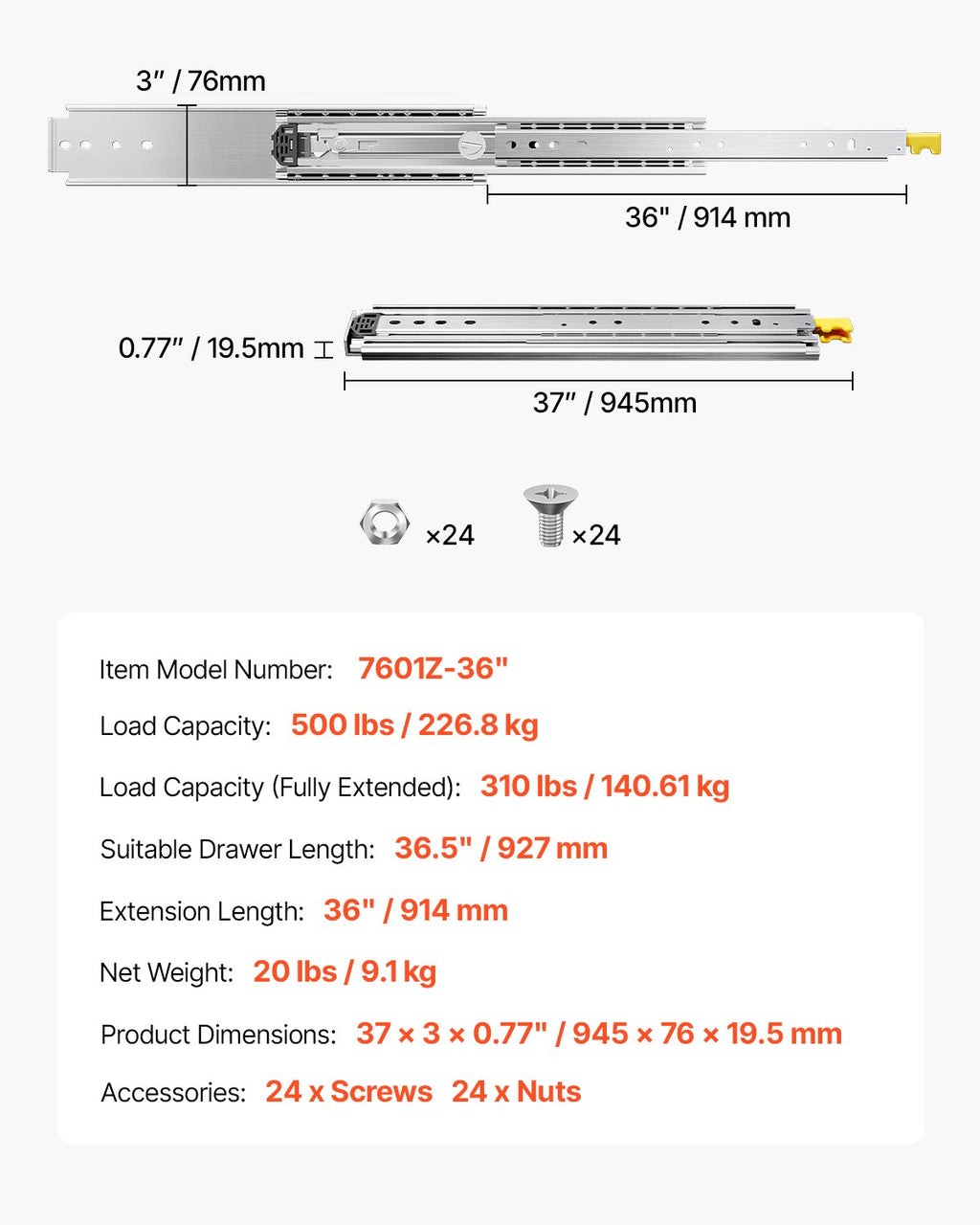 Teleskopska vodila za predale 914 mm: tehnična risba z merami, nosilnostjo in podatki modela.