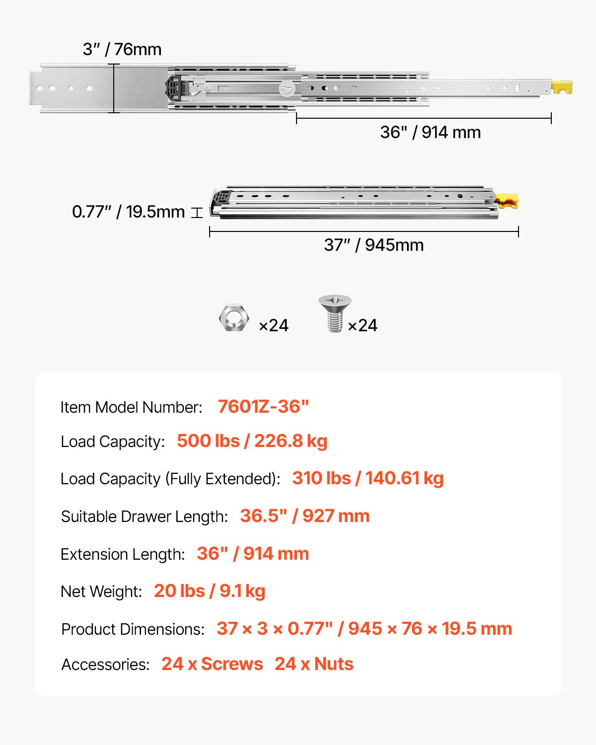 Teleskopska vodila za predale 914 mm: tehnična risba z merami, nosilnostjo in podatki modela.
