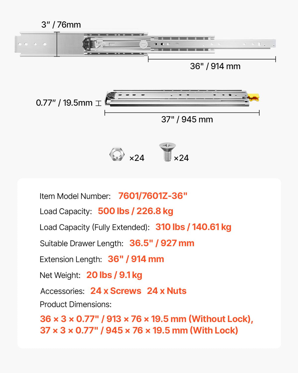 Teleskopska vodila za predale 914 mm: tehnična risba z merami, nosilnostjo in podatki modela.