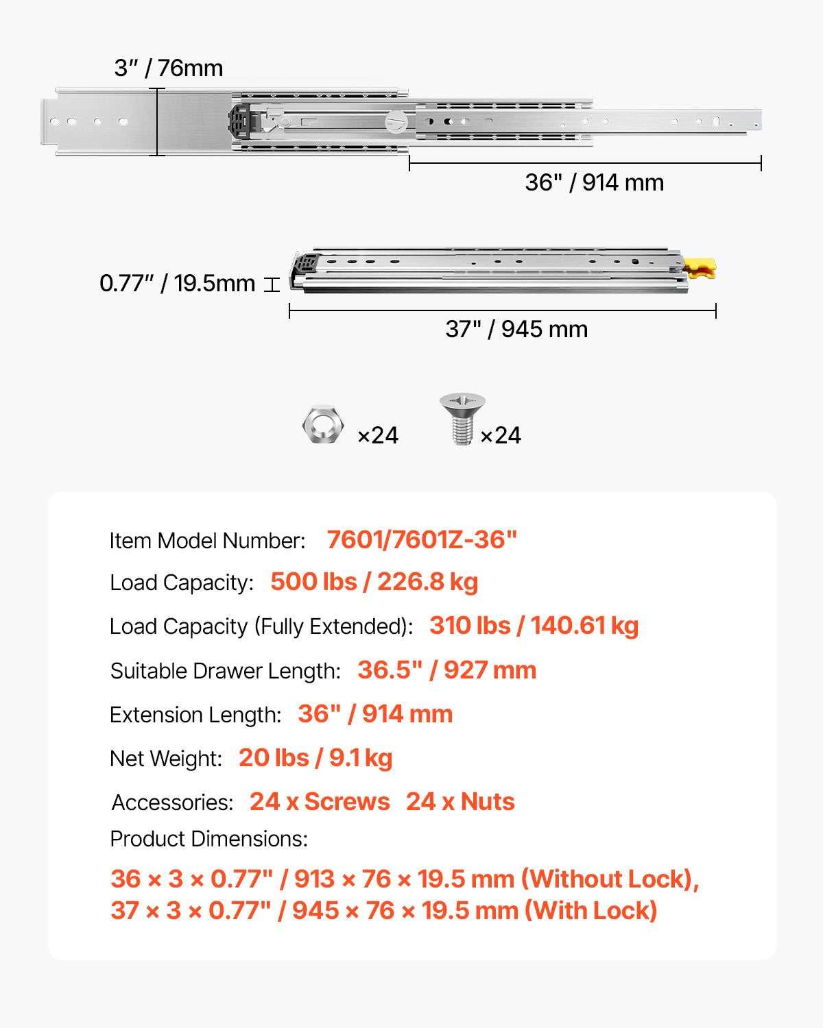 Teleskopska vodila za predale 914 mm: tehnična risba z merami, nosilnostjo in podatki modela.