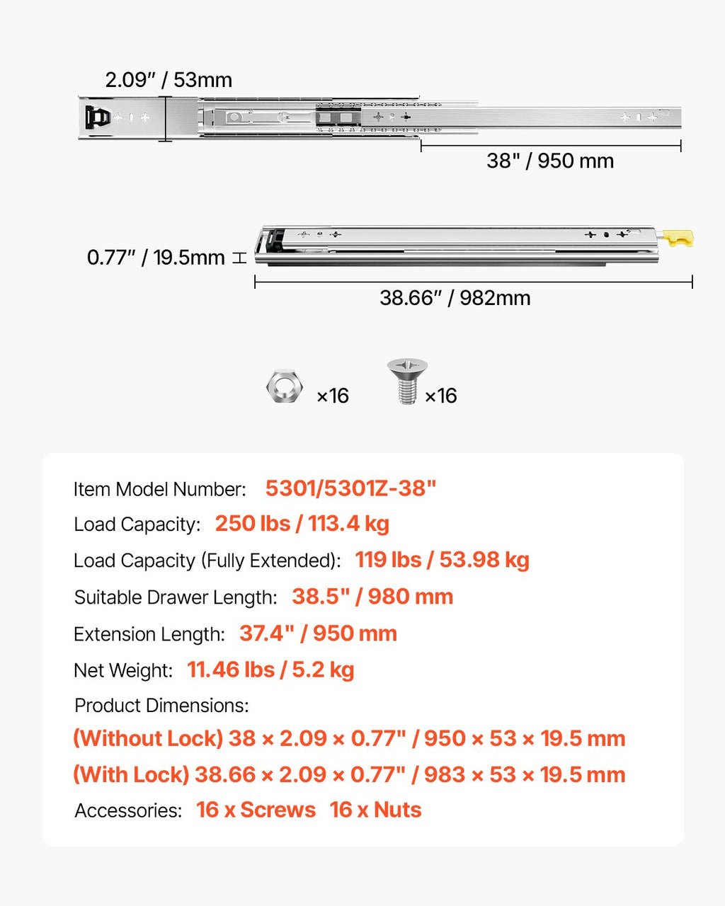 Teleskopska vodila za predale 950 mm: tehnična risba z merami, nosilnostjo in podatki modela.