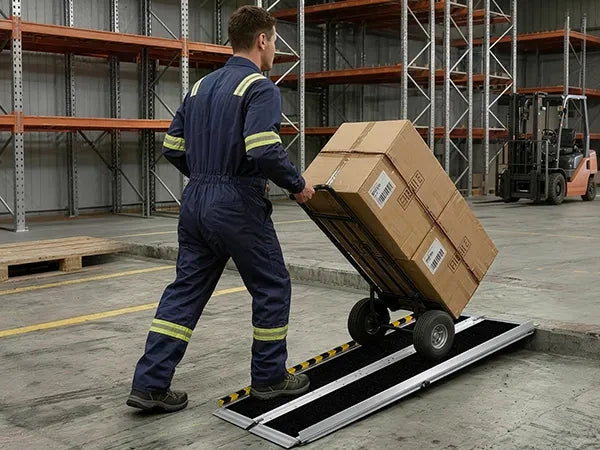 Transportni voziček s tovorom na aluminijasti klančini v skladiščnem okolju