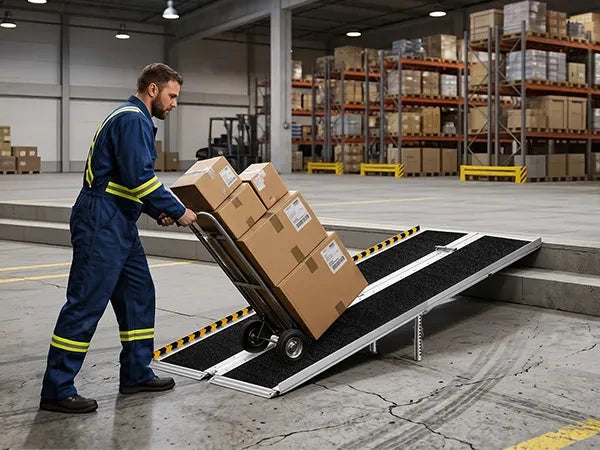 Transportni voziček s tovorom na aluminijasti klančini v skladiščnem okolju