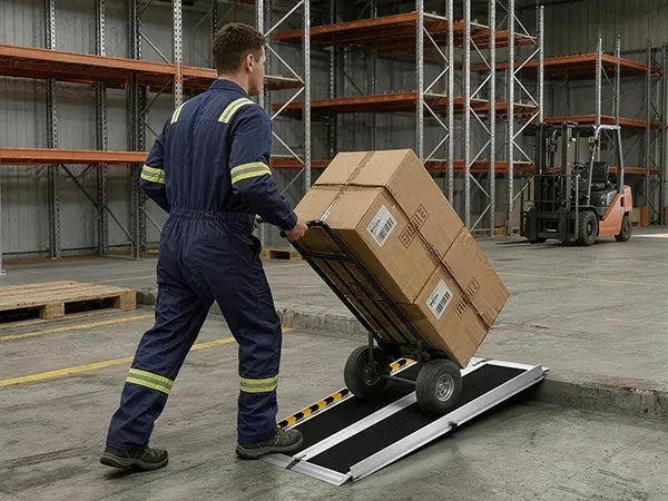 Transportni voziček s tovorom na aluminijasti klančini v skladiščnem okolju