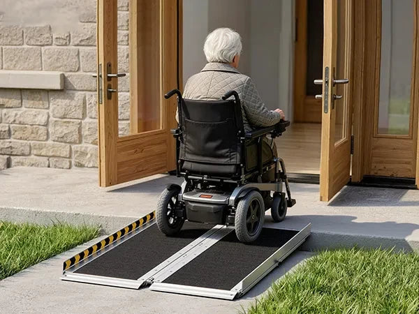 Prikaz električnega invalidskega vozička pred vrati na klančini